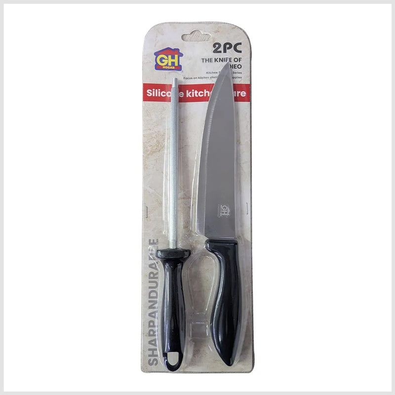 Set 2 Piezas Cuchillo Chef + Afilador | Acero Inoxidable Negro