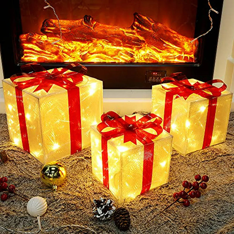 Set De 3 Cajas Decorativas Navideñas Con Luces Led Y Lazos R
