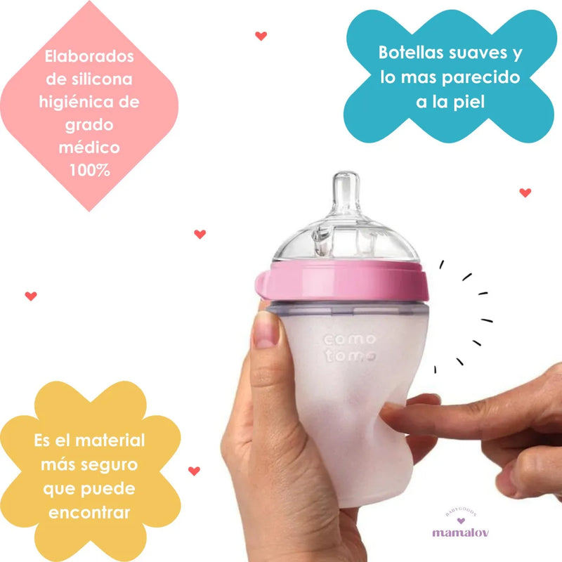 2 Biberónes Comotomo Cuello Ancho Fácil Limpieza 8oz Rosa