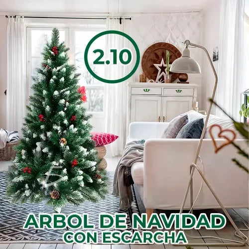 Árbol Navidad Pino Artificial Navideño Piñas Escarcha 2.1m Color Verde
