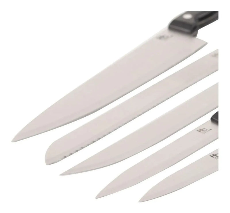 Set 5 Cuchillos En Acero + Tijera Con Base En Madera Just Hc