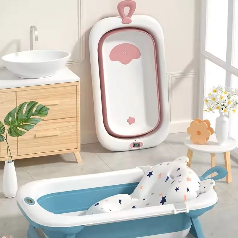 Tina Bañera Bebe Plegable Portatil Termometro Antideslizante Blanco Lisa