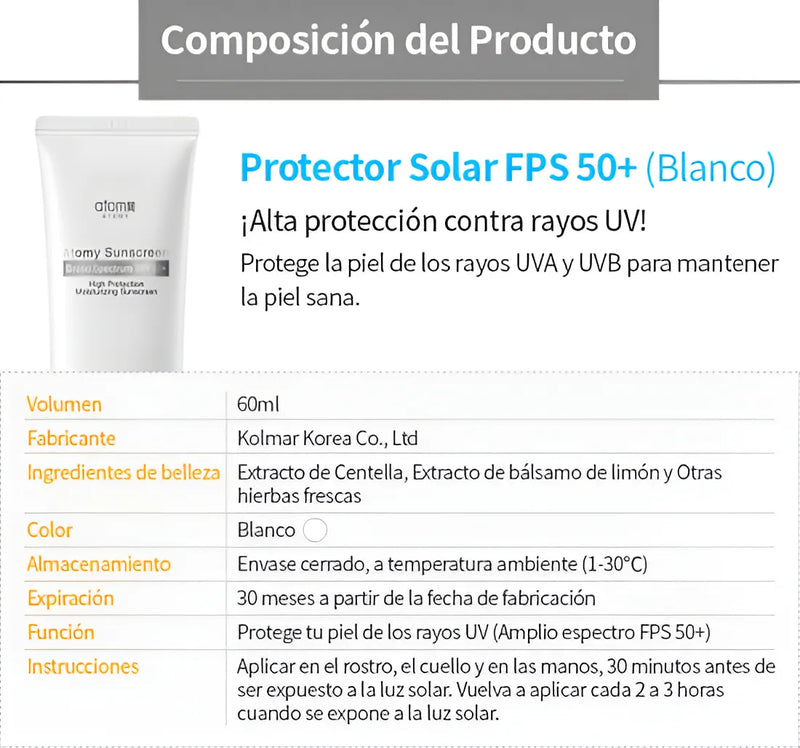 Protector Solar Atomy tono blanco Sunscreen