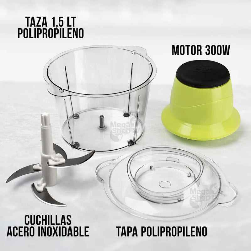 Combo de 2 Picadoras Eléctricas 300W con 4 Cuchillas de Acero Inoxidable, Capacidad de 1.5L para Carnes, Verduras y Frutas, Color Verde, Chef Master.