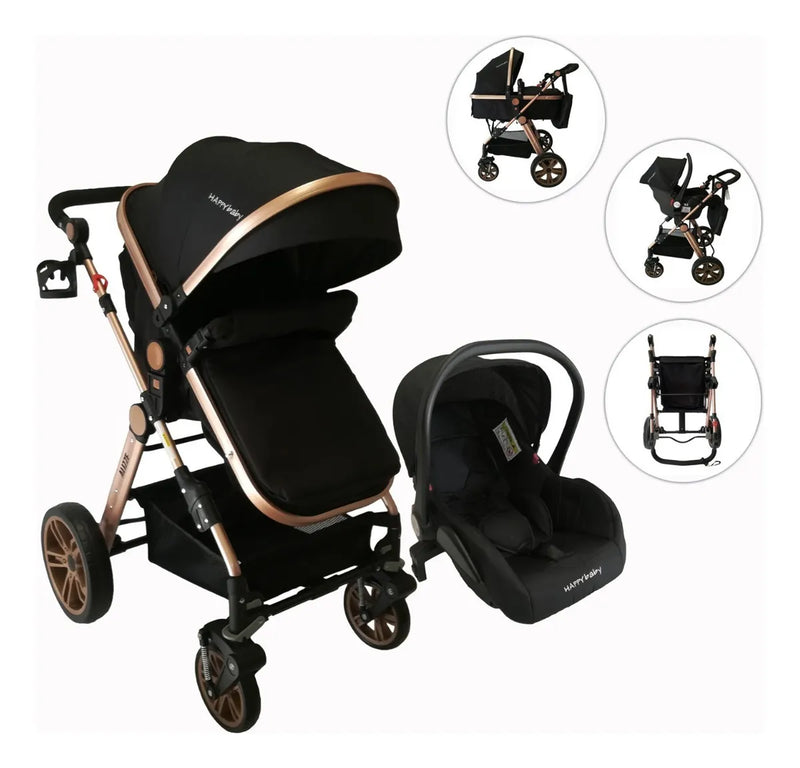 Coche de paseo Happy Baby Alizze travel system negro con chasis color dorado