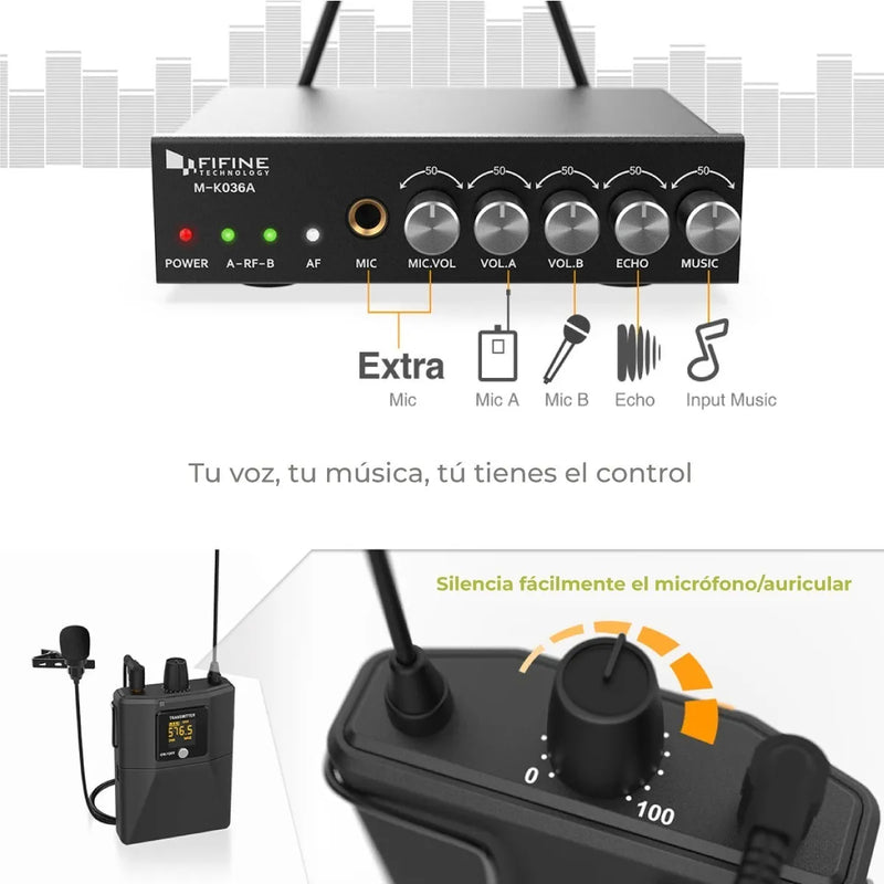 Sistema de micrófono UHF con doble cable Fifine K036, color negro