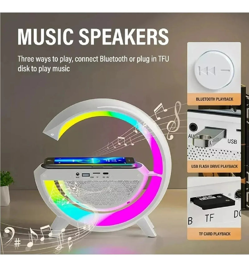 Parlante Bluetooth Con Luz Rgb Y Carga Inalámbrica + Reloj Blanco