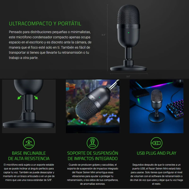 Micrófono Usb Gamer Razer Seiren Mini Compact Supercardioide Negro Clásico