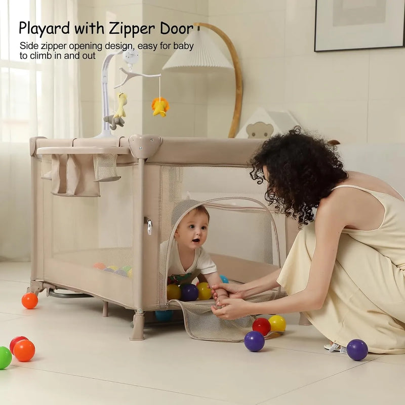 Cuna Plegable 5 En 1 Con Cambiador Y Música Beige
