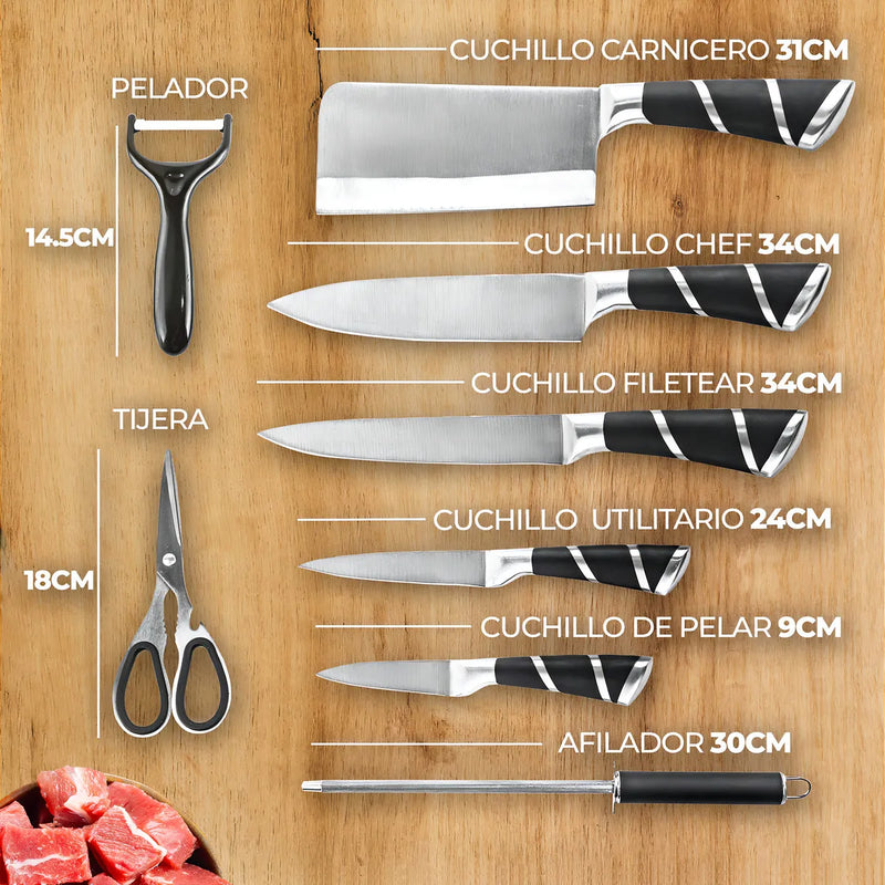 Juego de Cuchillos Profesionales Chef Master 807601 9 Piezas con Soporte Giratorio Acero Inoxidable