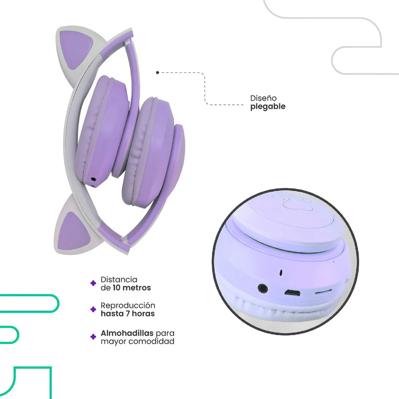 Audifonos Diadema Gato Inalambricos Bluetooth Fm Luces Niña Color Violeta Luz Rgb