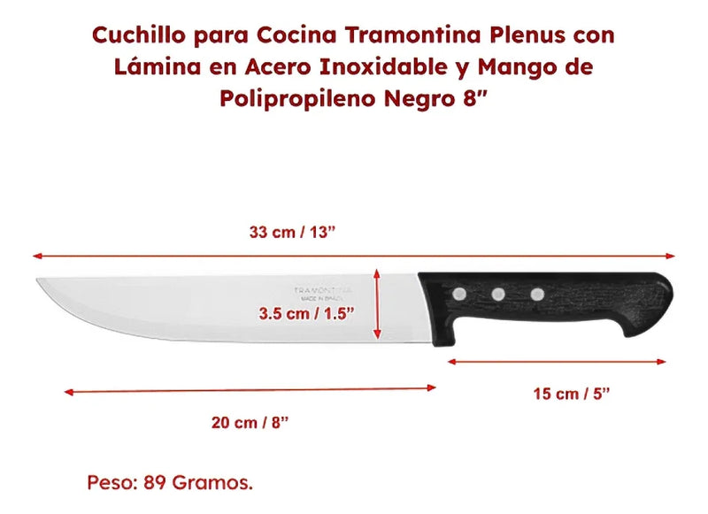 Cuchillo De Cocina Tramontina 8pulgada-20cm Carnicero Plenus Negro/hoja De Acero Brillante