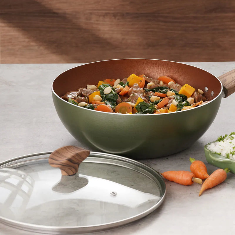 Wok Cuarzo + Tapa De Vidrio Wok Cuarzo+tv 24cm Color Verde cuarzo