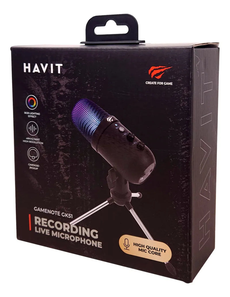 Micrófono USB para videojuegos Havit Gk51 Rgb cardioide negro para escritorio