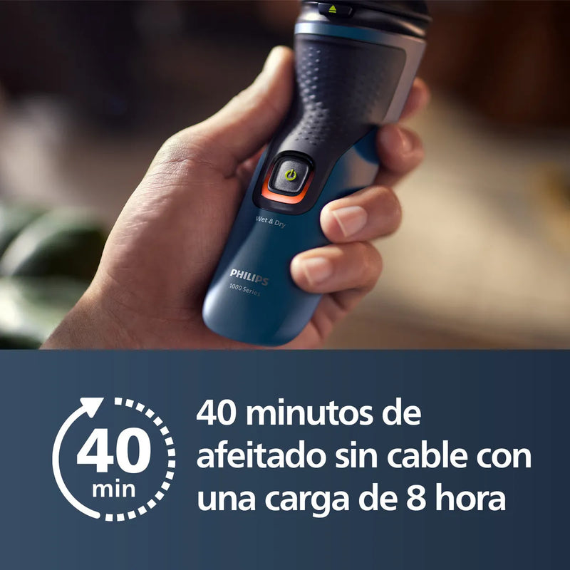 Afeitadora Philips Shaver Serie 1000, Húmedo y Seco Máquina de Afeitar, 27 Cuchillas Auto Afilables PowerCut, Cabezales Flotantes 3D, Azul Malibu, Modelo S1151/00