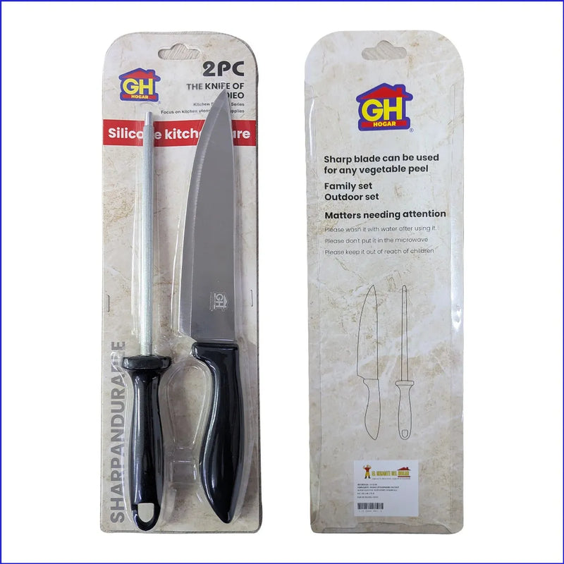 Set 2 Piezas Cuchillo Chef + Afilador | Acero Inoxidable Negro