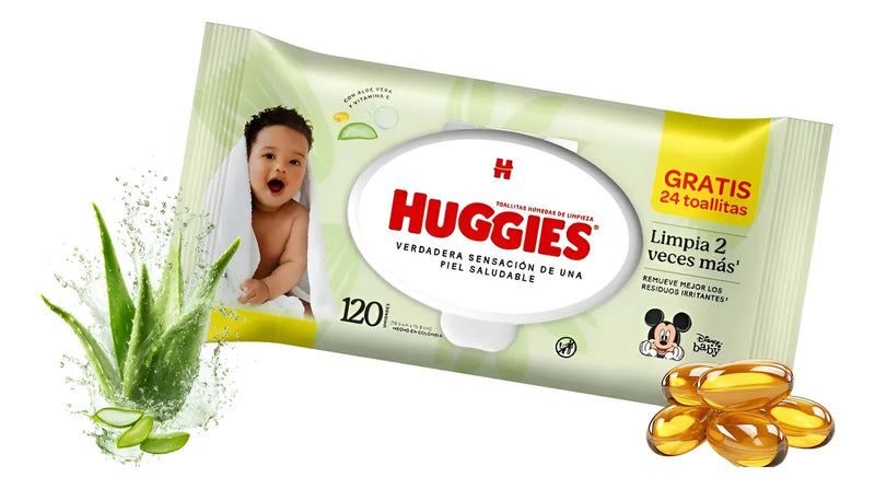 120 Toallitas Húmedas Huggies Aloe Vera / Vit E Piel Saludab