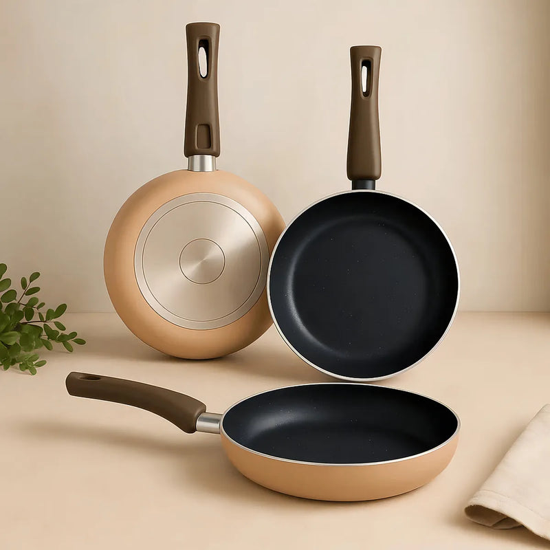 Setx3 Sartenes Tasty(18cms, 20cms, 24cms)en Aluminioprensado Color Beige