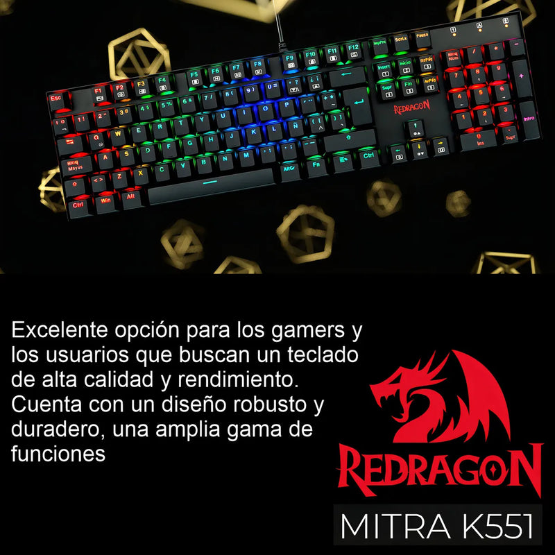 Teclado Gamer Redragon Mitra K551 Spanish Red Switch Black Teclado Negro Idioma Español España