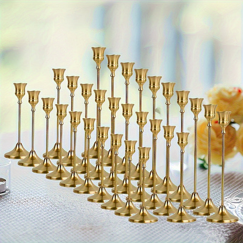 Un juego de 30 portavelas dorados de latón, candelabros al por mayor, decoración vintage para velas, soportes metálicos adecuados para la decoración del hogar, centro de mesa festivo y chimenea, Ideal para Navidad, Perfecto para Acción de Gracias
