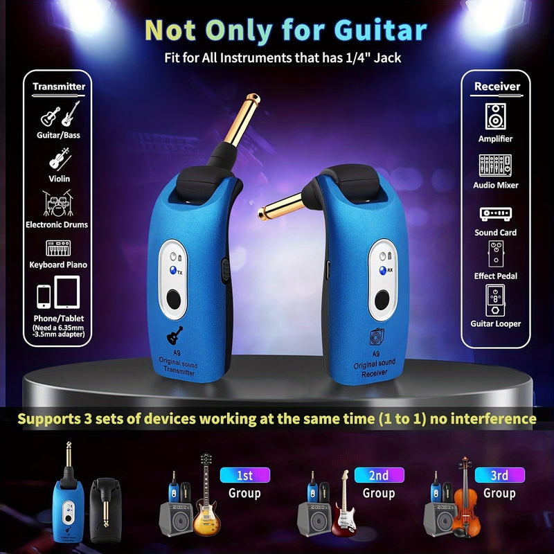 Sistema inalámbrico de guitarra que funciona a 2.4 GHz, transmisor y receptor de audio inalámbrico recargable, adecuado para guitarra, bajo, instrumentos de viento e instrumentos musicales electrónicos.