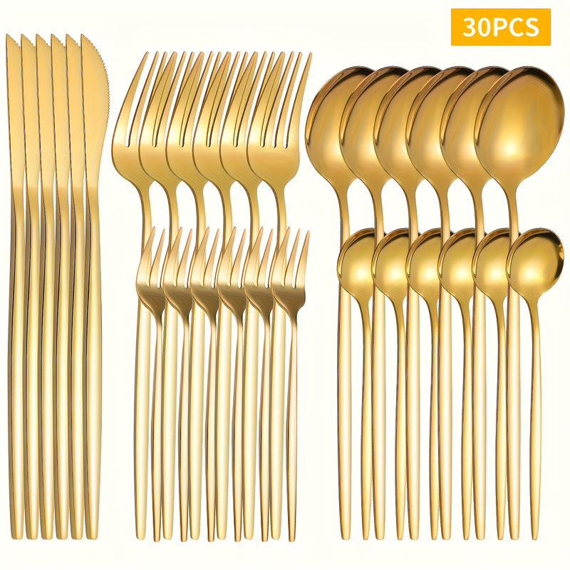 Juego de cubiertos de acero inoxidable de 30 piezas - Utensilios elegantes con acabado espejo, aptos para lavavajillas, incluye tenedores, cuchillos y cucharas - Colección duradera de vajilla
