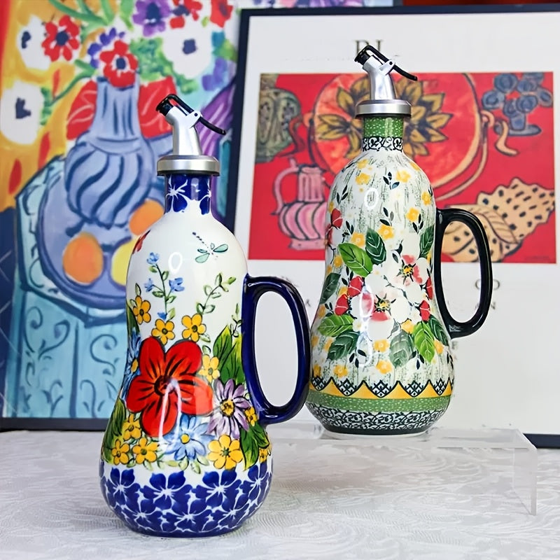 1pc Olla de cerámica para aceite, bomba de aceite de oliva de cerámica pintada a mano y asa, botella de aceite de cocina, elegante diseño floral, gran capacidad, accesorios de cocina, decoración de cocina para el hogar.