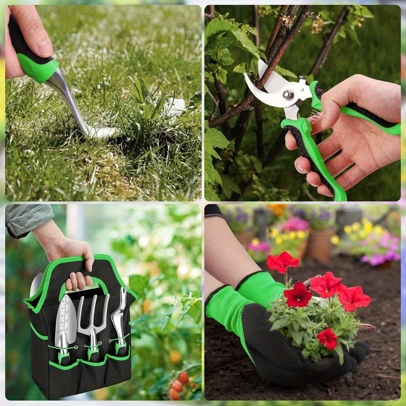 Juego de herramientas de jardín de aluminio con horca para raíces, cuchara, tijeras de poda y más - Herramientas de jardinería duraderas y multiusos para uso doméstico y profesional, esenciales para el jardinería|Diseño ergonómico|Construcción duradera