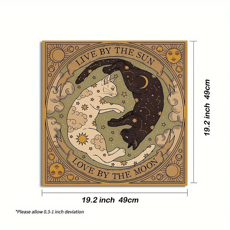 1pc Mantel de Altar con Péndulo de Gato Místico Sol y Luna - 100% Poliéster, Diseño "Vive por el Sol, Ama por la Luna" con Cielo Estrellado y Elementos Celestes, Ideal para Lectura de Tarot, Adivinación y Decoración de Habitación, Decoración de Sol y Lun