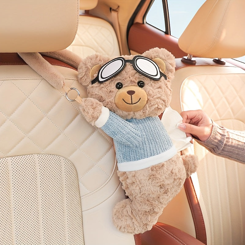 Soporte para Pañuelos de Asiento Trasero del Coche con Diseño de Oso Lindo - Suave Peluche con Dibujos Animados y Salopete Azul & Gafas, Almacenamiento Colgante Multifuncional para Acceso Fácil, Apto para Coches, Hecho de Poliéster Duradero