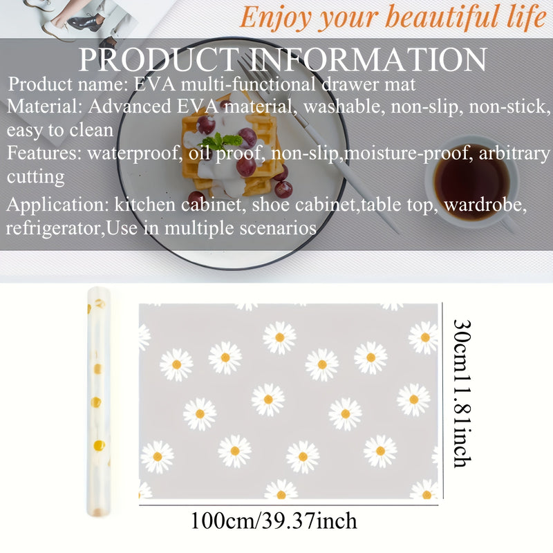 1 Rollo de forro impermeable de diseño de margarita - Fácil de limpiar, resistente al agua, aceite y deslizamiento, duradero y resistente al desgaste. Se puede cortar para ajustarlo, ideal para cocina, refrigerador, mesa y organización de cajones. Longit