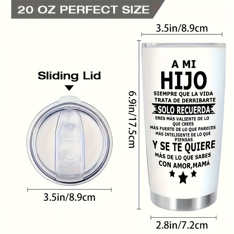 Vaso de acero inoxidable aislado de 20 onzas con tapa deslizante - taza reutilizable blanca para bebidas calientes y frías - mensaje en español para hijo - adecuado para portavasos de coche, Ideal para Navidad