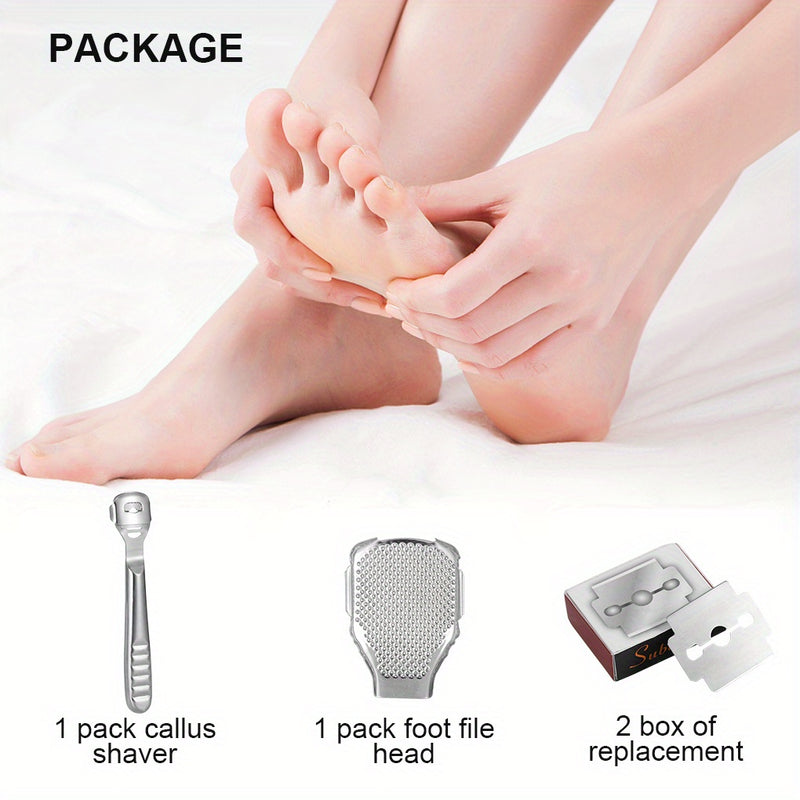 Un kit de afeitado de callos que incluye 20 cuchillas de repuesto, una navaja de callos y una lima para pies para el cuidado de los pies, todo empaquetado en una caja de metal. Es fácil de reemplazar y transportar, con bordes pulidos y mangos para comodi