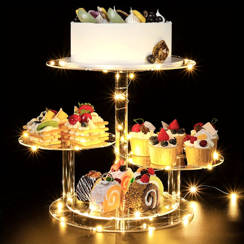 Soporte para pasteles redondo de acrílico con luces LED de 4 niveles, ideal para cumpleaños, bodas, graduaciones y baby showers, exhibidor seguro para alimentos de postres y pasteles, diseño temático para fiestas, exhibición de eventos | Soporte para pas