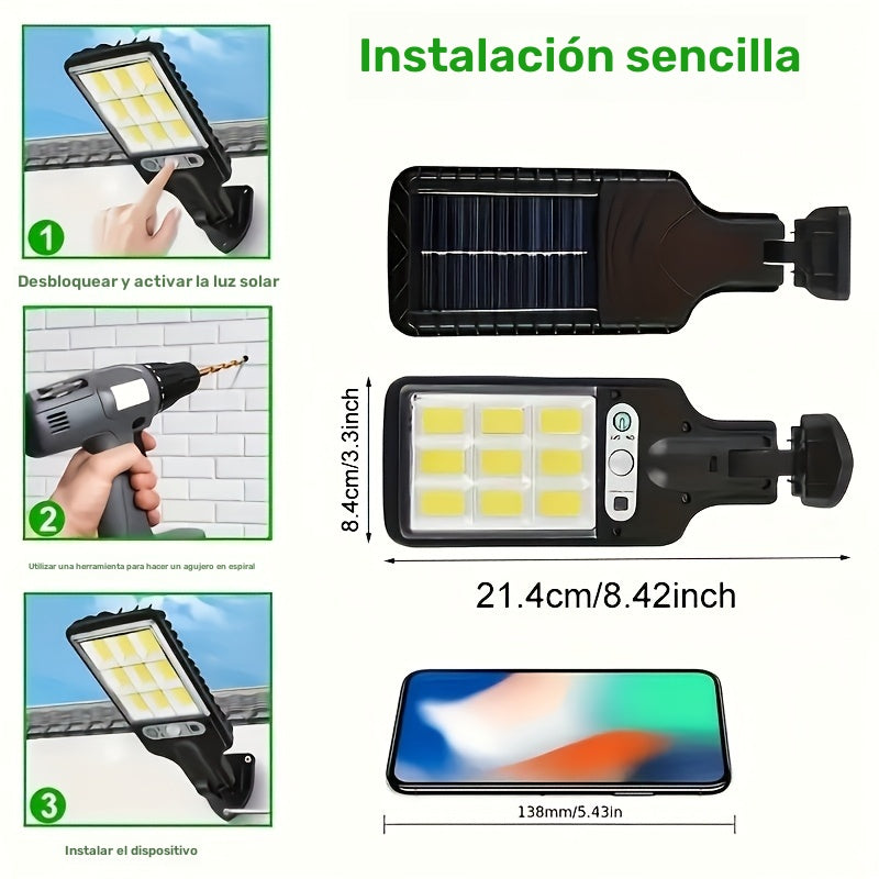 1 foco solar con control remoto, 90 LED COB, sensor de movimiento, montaje semiempotrado, material plástico, acabado pulido, plegable, accesorio desmontable, carga solar, batería de litio recargable, montaje en pared, incluye hardware de instalación