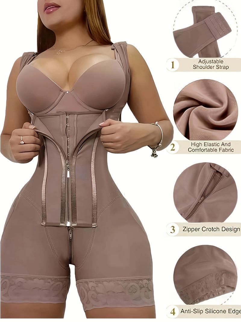 1pc Body Shaper de Cintura Alta con Detalles de Encaje, Cierre de Cremallera, Levanta Glúteos y Soporte para Senos - Elegante Mezcla de Nylon/Elastano, Ropa Interior Controladora de Abdomen