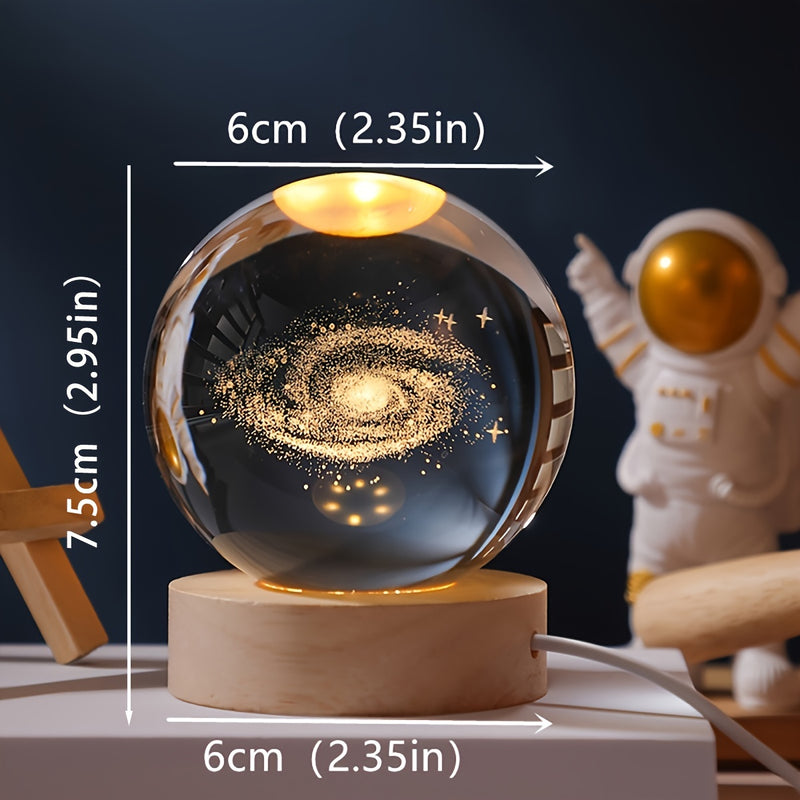 Conjunto de lámpara de mesa de cristal grabado con láser 3D moderno con patrones de Saturno, Luna, Galaxia, Sistema Solar - Base de madera con forma geométrica con alimentación USB para luz nocturna para decoración del hogar, regalo para mujeres, anivers