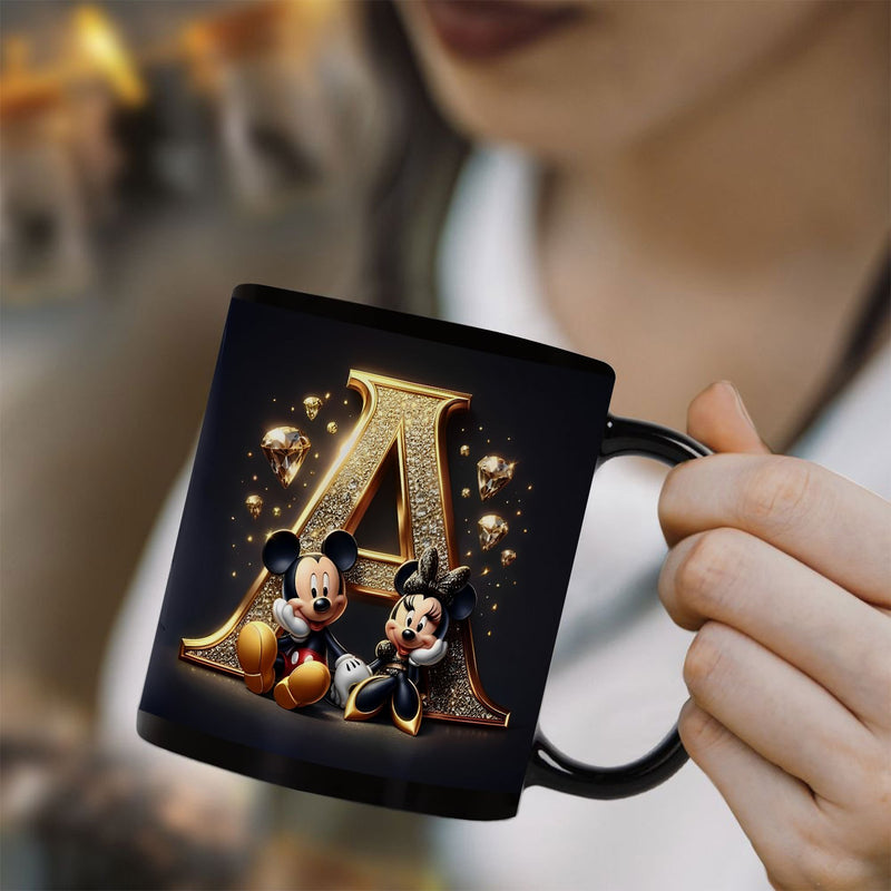 Taza de Cerámica de Disney Mickey y Minnie Mouse 1ud 11oz - Diseño Elegante con Letra Dorada A, Taza Duradera para Café, Té, Leche, Vino, Solo Lavado a Mano, Regalo de Cumpleaños para Fanáticos de Disney, Copa Disney