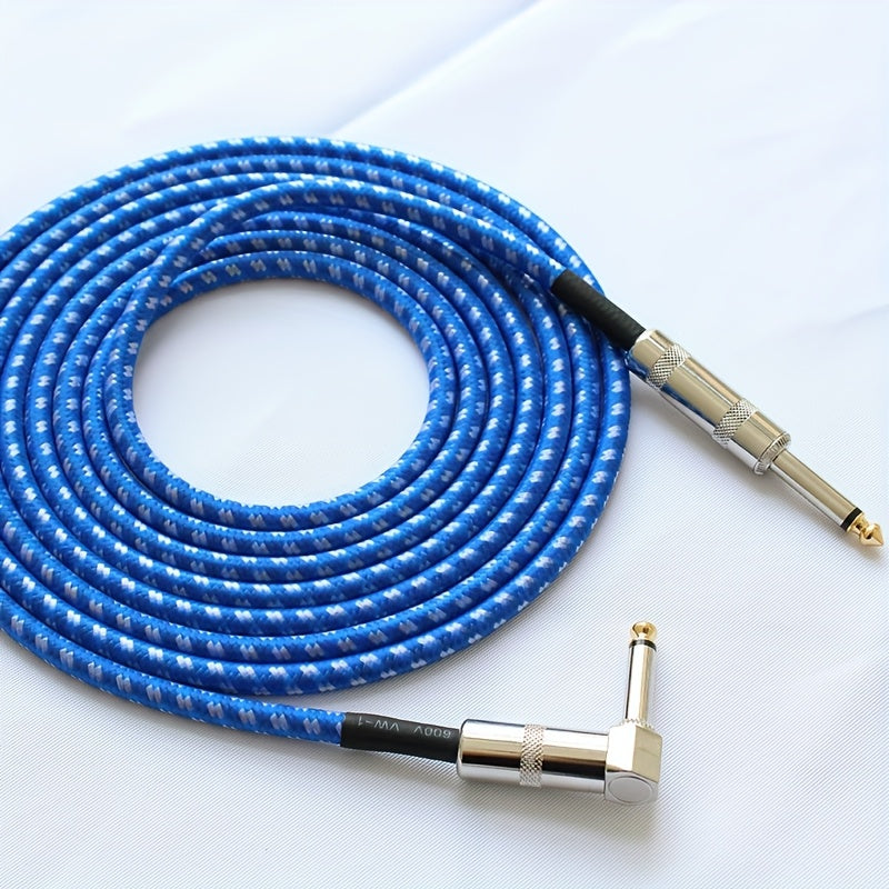 Un cable de audio grueso de 6,35 mm con un conector de ángulo derecho a un conector recto de 6,35 mm.