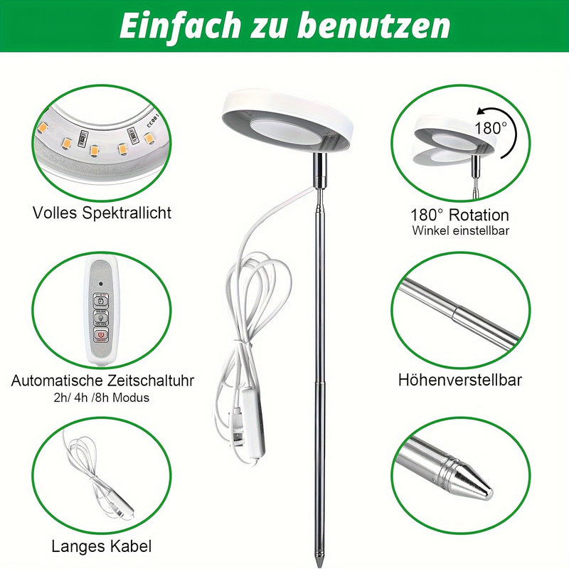 Luz de Cultivo LED Ajustable con Espectro Completo, Alimentada por USB, Anillo de 4 Cabezas para Plantas de Interior y Suculentas - Incluye Temporizador Automático (2/4/8 H)