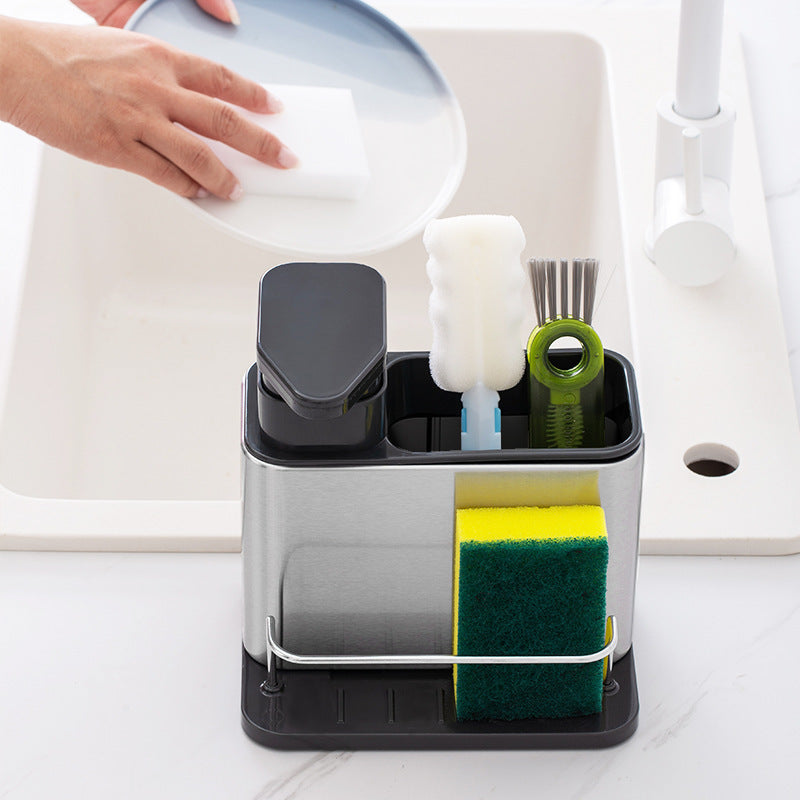 1 pieza, dispensador de jabón para fregadero de cocina de acero inoxidable con soporte para esponja, bandeja organizadora 3 en 1 para líquido de lavado de platos y esponjas, soporte de drenaje, almacenamiento de encimera para cepillos de limpieza y platos