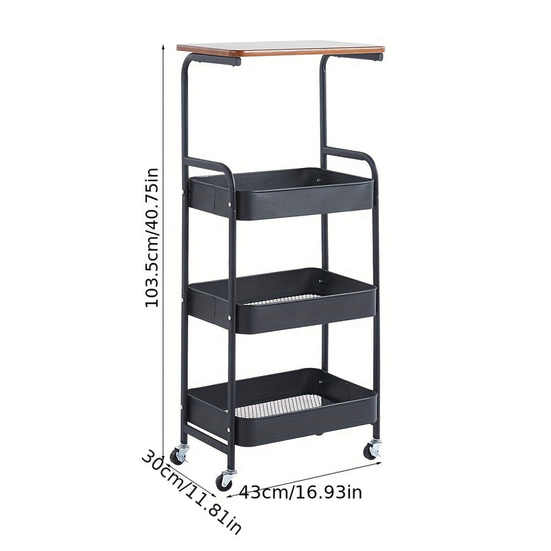 Carrito Rodante Versátil de 4 Niveles con Mesa Extraíble - Organizador de Almacenamiento de Metal para Sala de Estar, Cocina, Baño, Oficina, Dormitorio, Ganchos Utilitarios