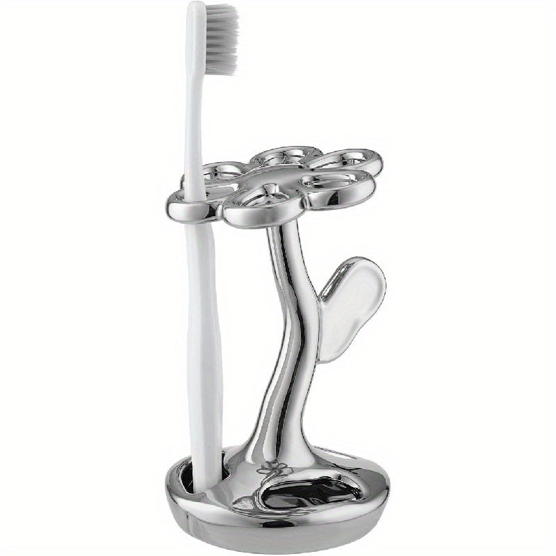 Portacepillos de dientes para baño, contenedor de almacenamiento cerámico en forma de flor, puede sostener 6 cepillos de dientes estándar (Plateado)