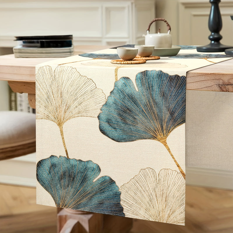 1 Pieza, Mantel Para Mesa Duradero, Con Diseño De Hojas De Ginkgo Doradas Azules Y Verdes, Mantel Rectangular, Decoración Rústica De Mesa De Granja, Para Decoración De Mesas De Tocador, Aparatos Domésticos