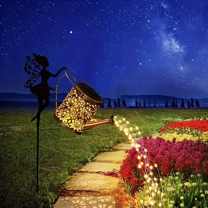 1 regadera solar con luces LED de hadas, decoración metálica para exteriores, ideal para jardín, césped o fiestas, regalo perfecto para mamá, vecinos y amigos