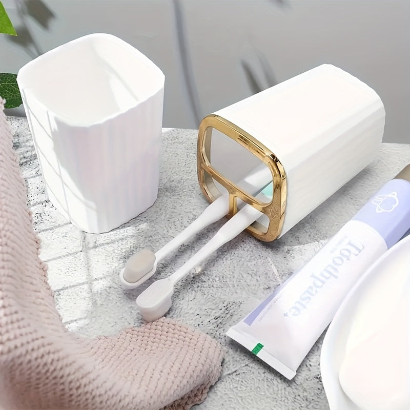 Juego de 4 accesorios para baño con rayas verticales, incluye dispensador de líquido, portacepillos, vaso para enjuague bucal y jabonera - Kit organizador esencial para baño, material plástico