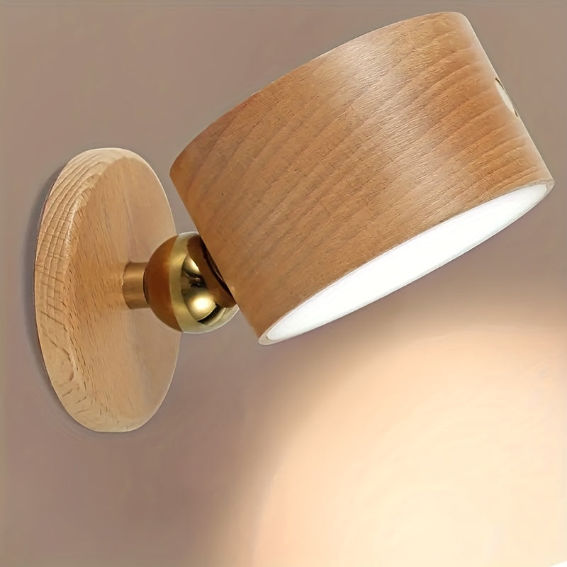 1pc Lámpara de Pared Moderna de Madera con Luz de Lectura LED - Regulable, Giratoria 360°, Control Táctil, Recargable por USB, Batería de 1500mAh, Detalles en Latón Pulido para Dormitorio & Sala de Estar, Lámpara para Dormitorio