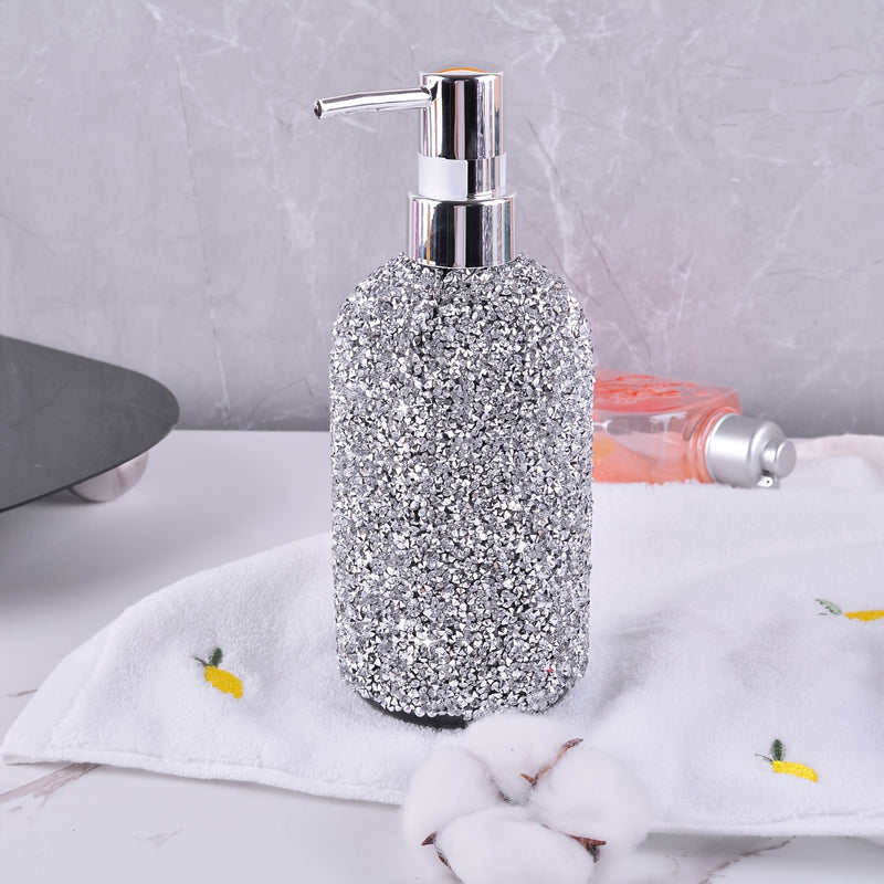Dispensador de Jabón de 500ml con Incrustaciones de Diamantes - Tipo de Presión, Botella Recargable para Champú, Gel de Ducha y Loción - Accesorio Elegante para el Baño