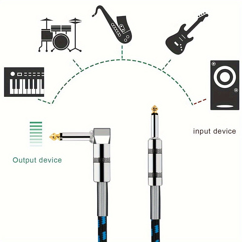 2 piezas, cables para instrumentos de guitarra de 1/4 de pulgada, conector recto a ángulo recto con resorte, cubierta de malla de algodón oscura/celeste, entrada de cable de guitarra de 6,35 mm para guitarra eléctrica, bajo, amplificador, teclado, mandol