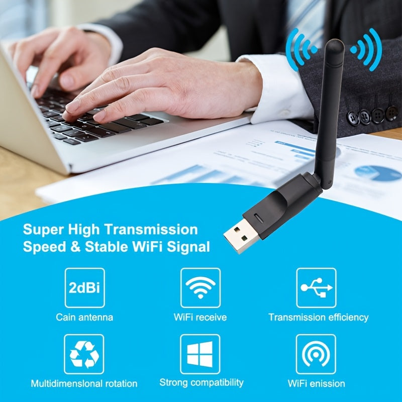 Adaptador WiFi USB Mini 150Mbps - Transmisor de red inalámbrica 2.4GHz para escritorio de PC, portátil y música de iPod - Configuración fácil, diseño compacto, ideal para tarjeta de recepción de Internet inalámbrico, configuración de escritorio | Diseño